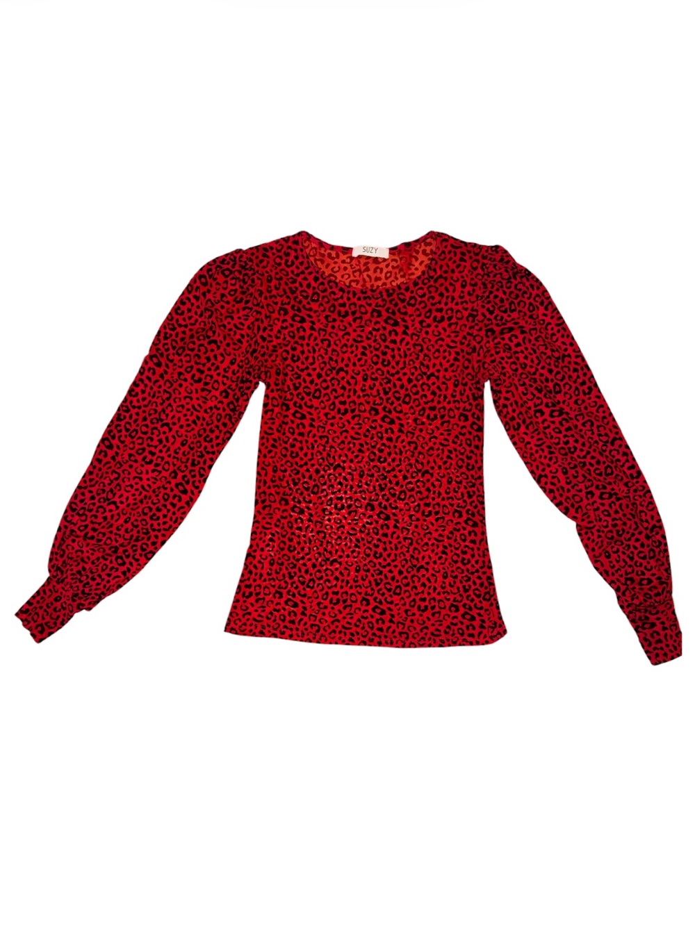 Suzy Shier Sheer Red Blouse w Black Velvet Leopard Print, Crew Neck & Long Ballo